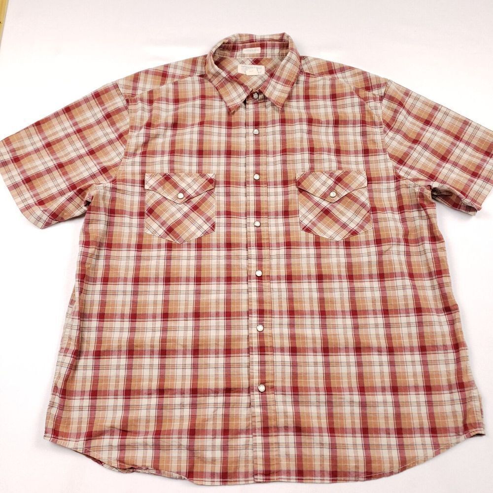 American Eagle Outfitters Red and Tan Plaid Short Sleeve Button-Down Shirt